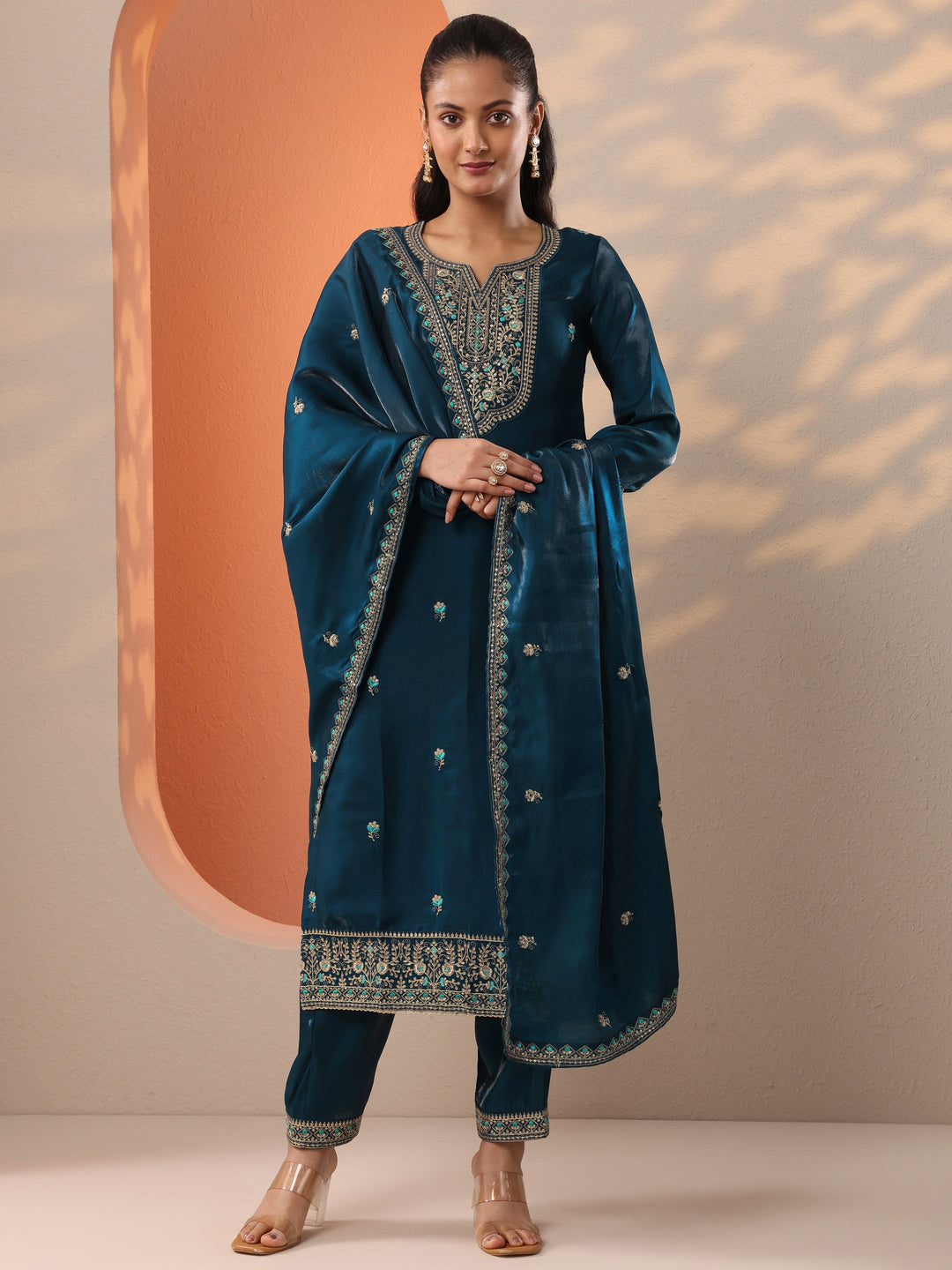 Teal Embroidered Silk Blend Straight Suit Set With Dupatta