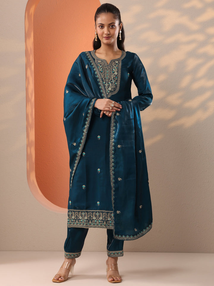 Teal Embroidered Silk Blend Straight Suit Set With Dupatta