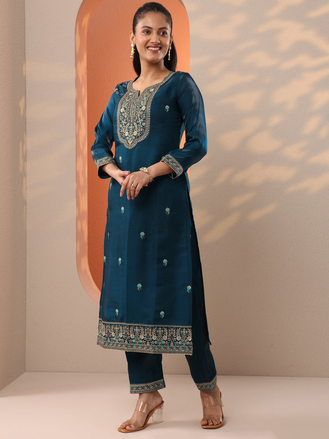 Teal Embroidered Silk Blend Straight Suit Set With Dupatta