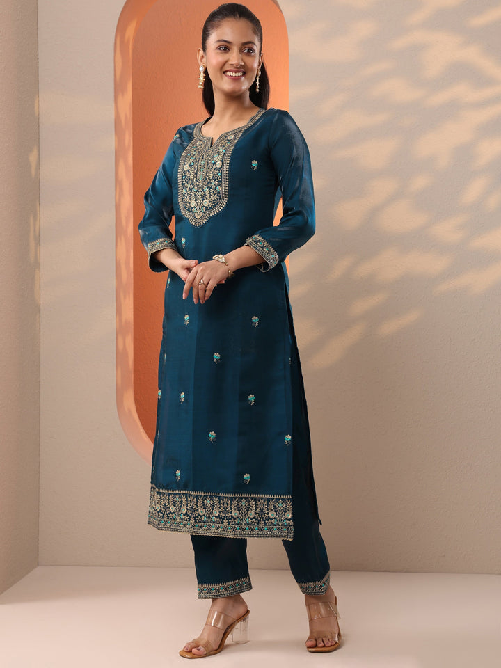 Teal Embroidered Silk Blend Straight Suit Set With Dupatta