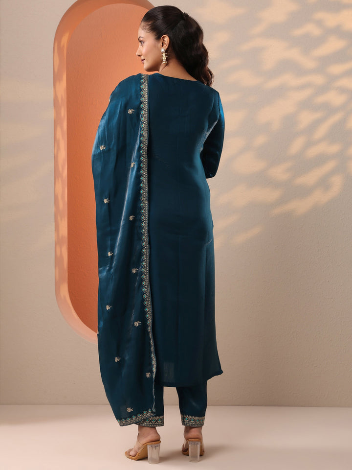 Teal Embroidered Silk Blend Straight Suit Set With Dupatta