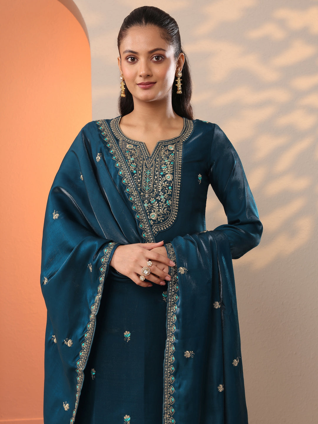 Teal Embroidered Silk Blend Straight Suit Set With Dupatta