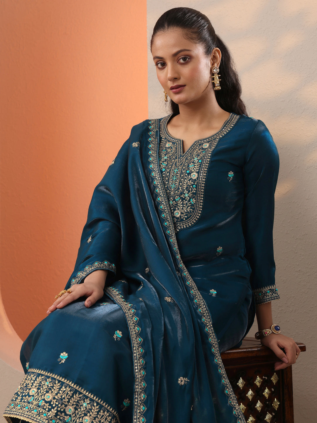 Teal Embroidered Silk Blend Straight Suit Set With Dupatta