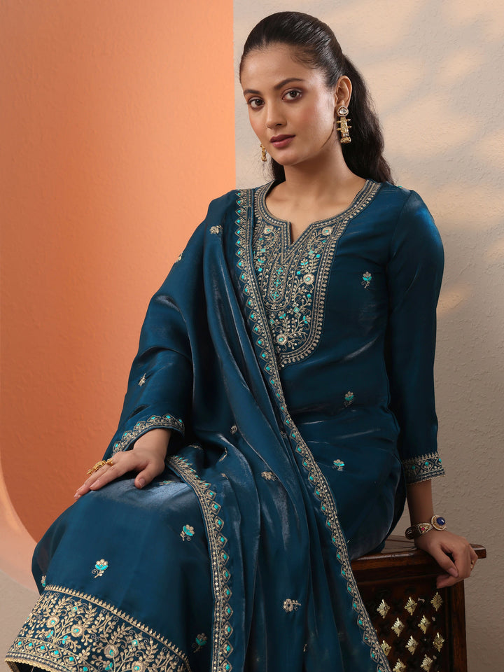 Teal Embroidered Silk Blend Straight Suit Set With Dupatta