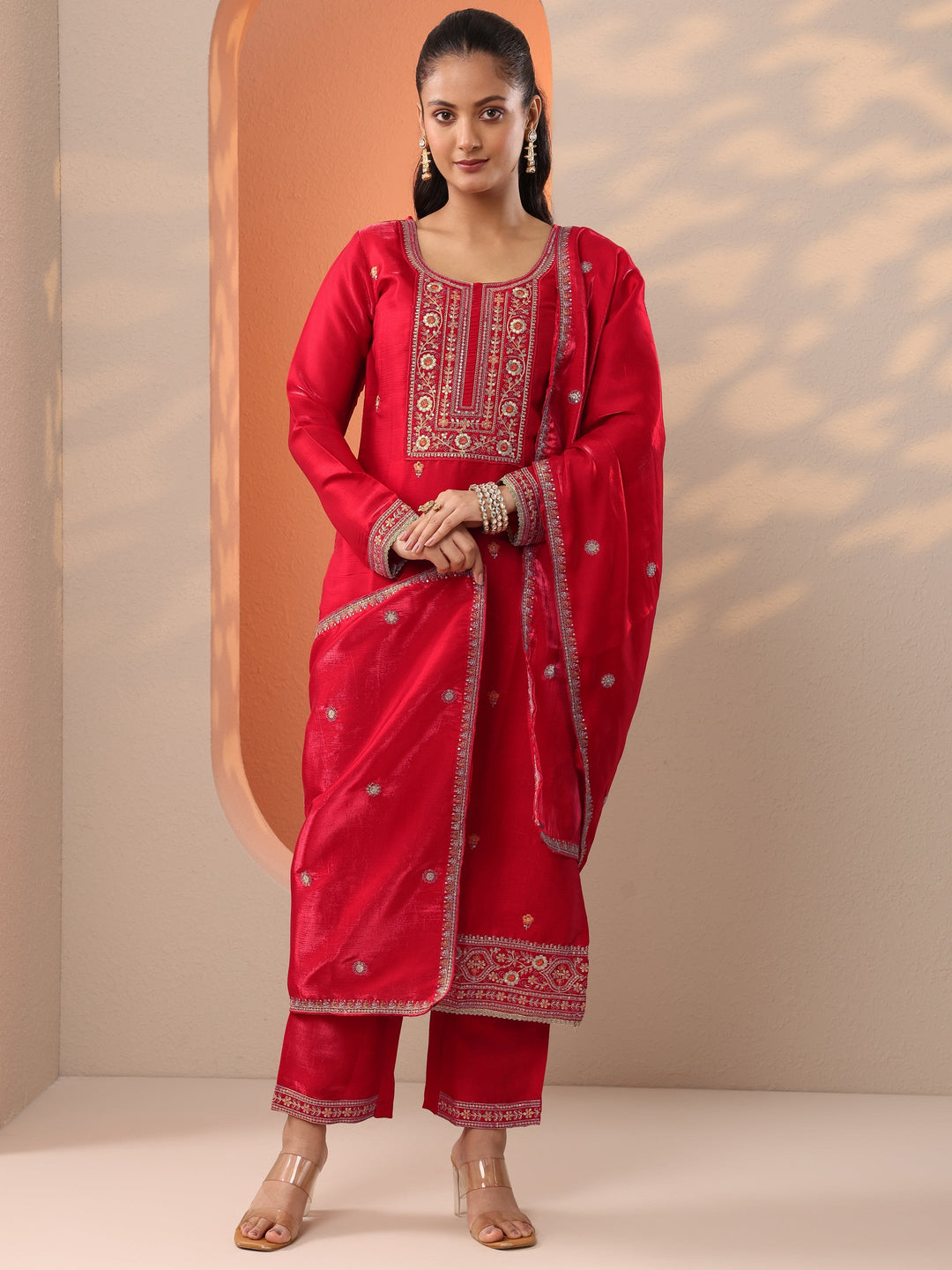 Red Embroidered Silk Blend Straight Suit Set With Dupatta