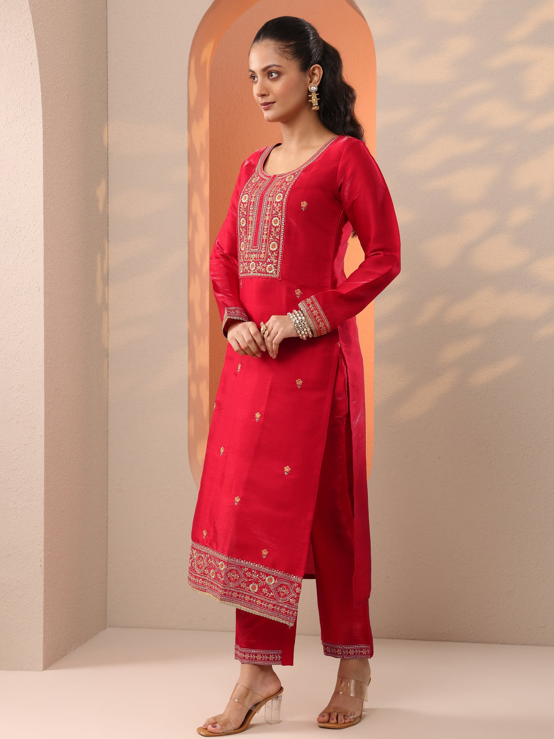 Red Embroidered Silk Blend Straight Suit Set With Dupatta