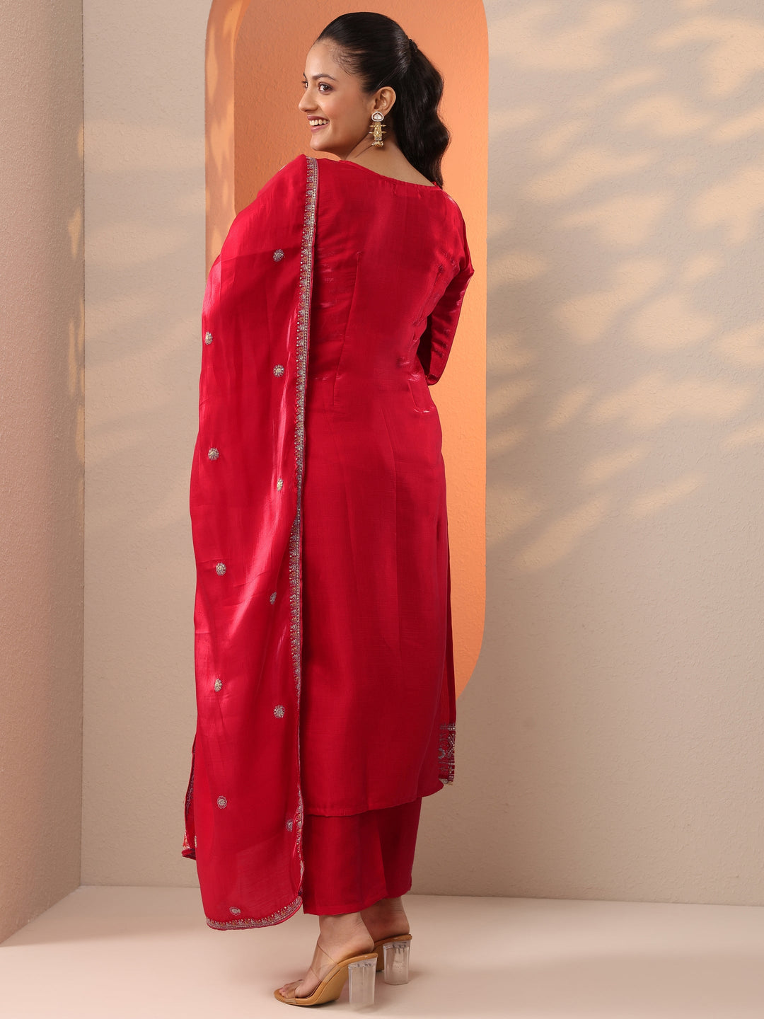 Red Embroidered Silk Blend Straight Suit Set With Dupatta