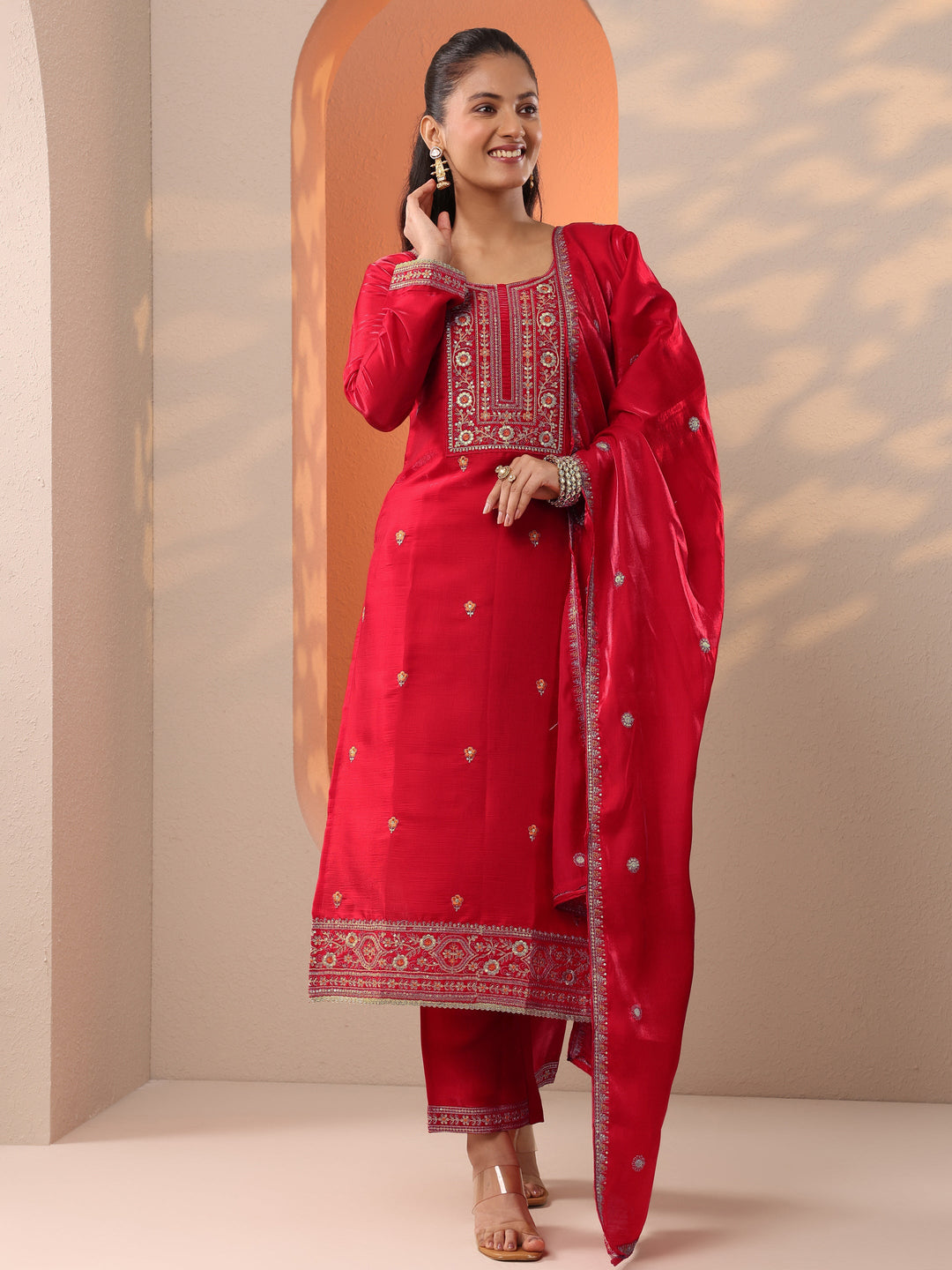 Red Embroidered Silk Blend Straight Suit Set With Dupatta