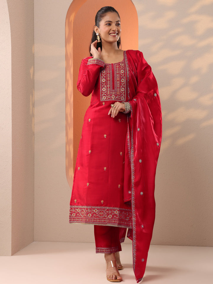 Red Embroidered Silk Blend Straight Suit Set With Dupatta