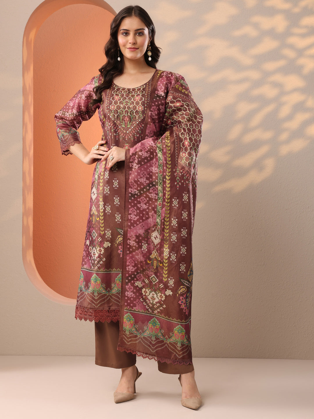 Brown Printed Silk Blend Straight Suit Set With Dupatta