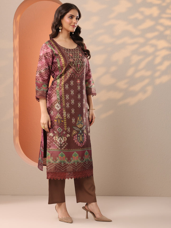 Brown Printed Silk Blend Straight Suit Set With Dupatta