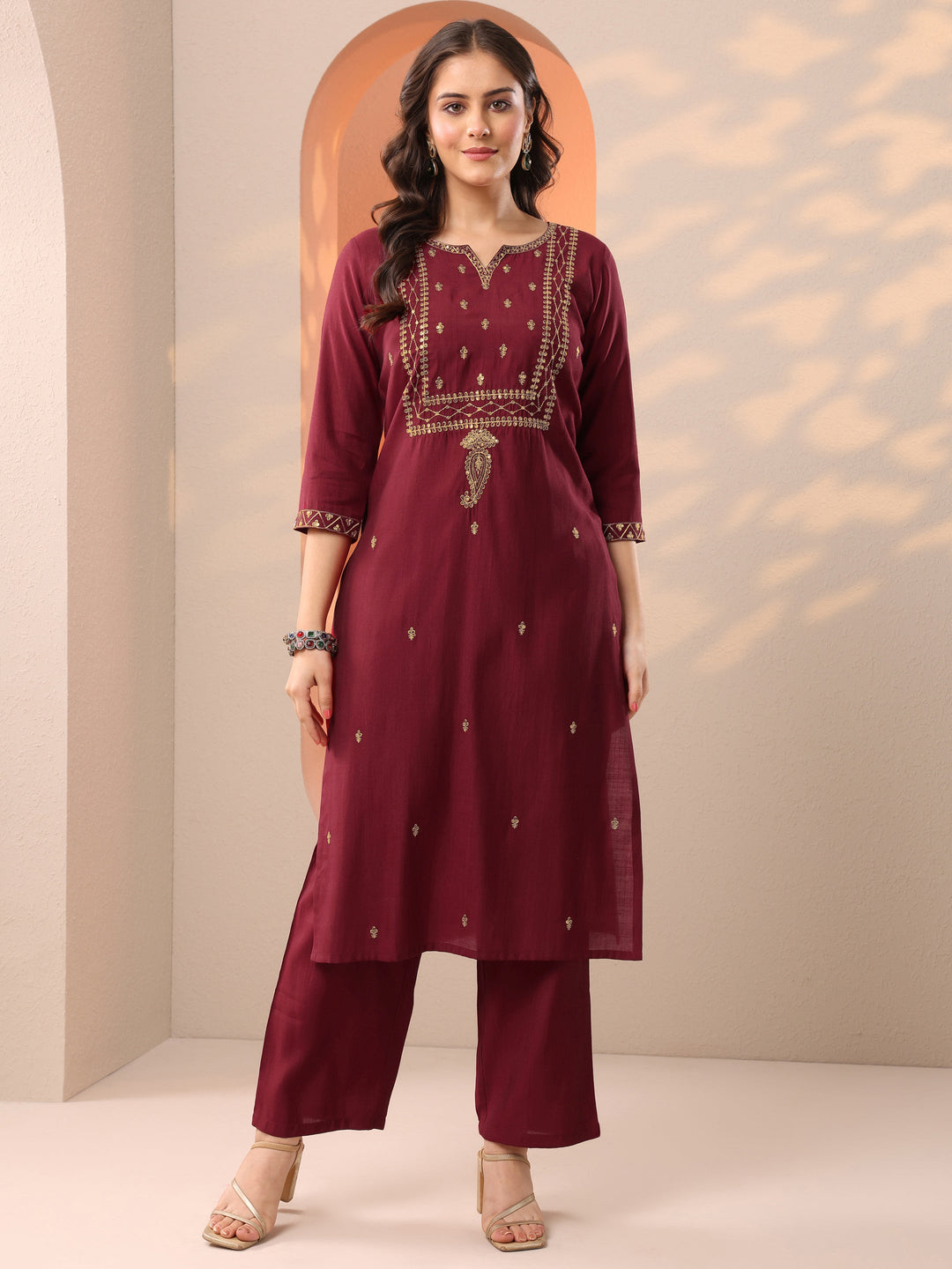 Maroon Embroidered Silk Blend Straight Kurta Set