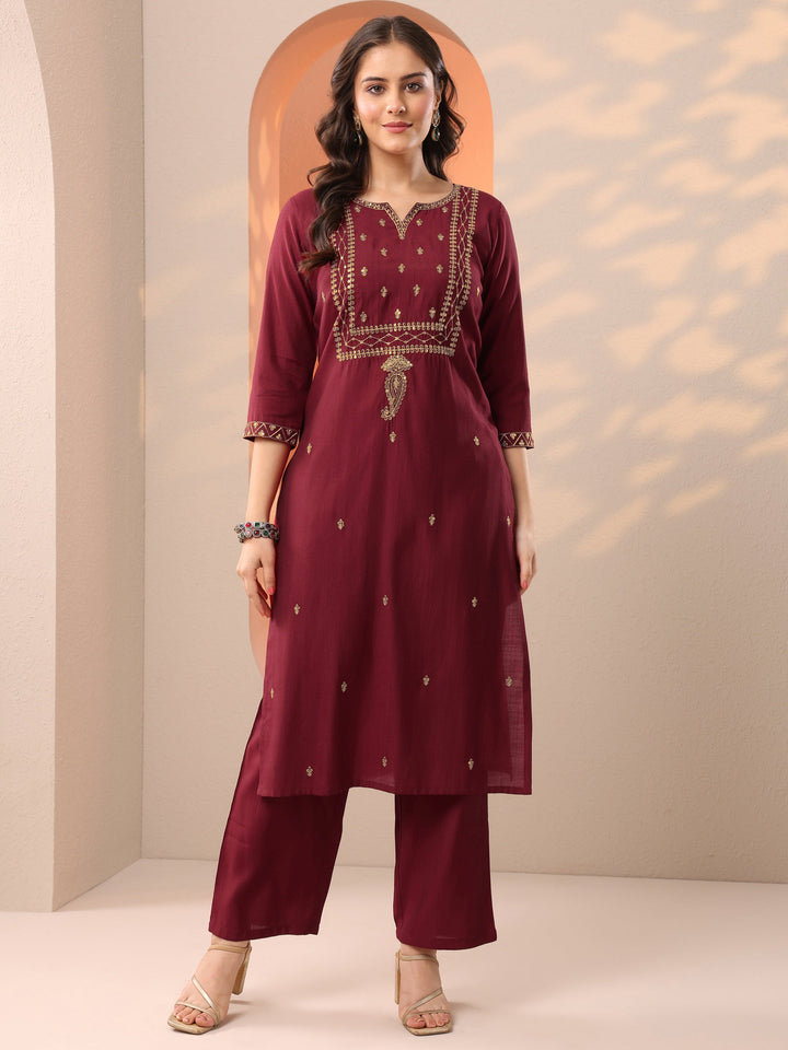 Maroon Embroidered Silk Blend Straight Kurta Set