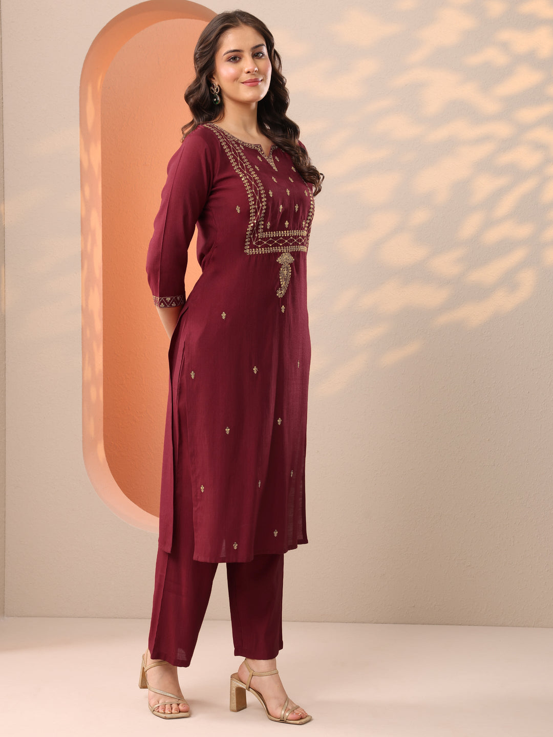 Maroon Embroidered Silk Blend Straight Kurta Set