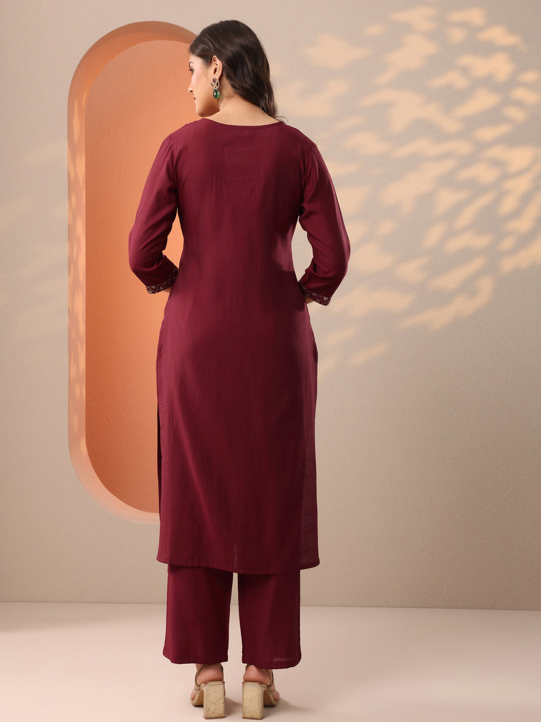 Maroon Embroidered Silk Blend Straight Kurta Set