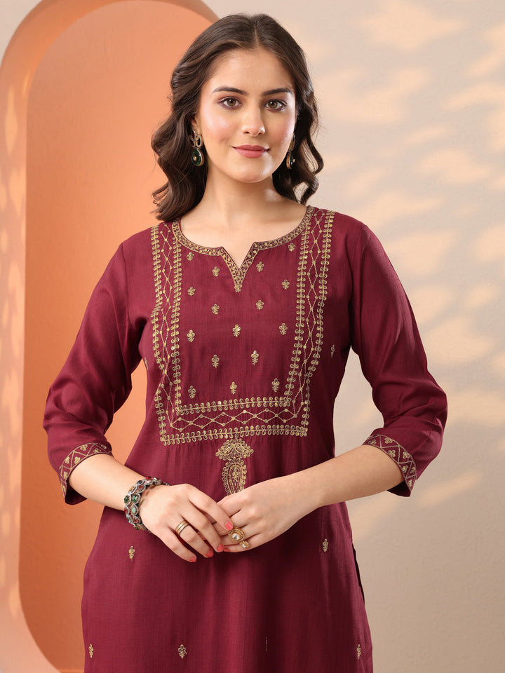 Maroon Embroidered Silk Blend Straight Kurta Set