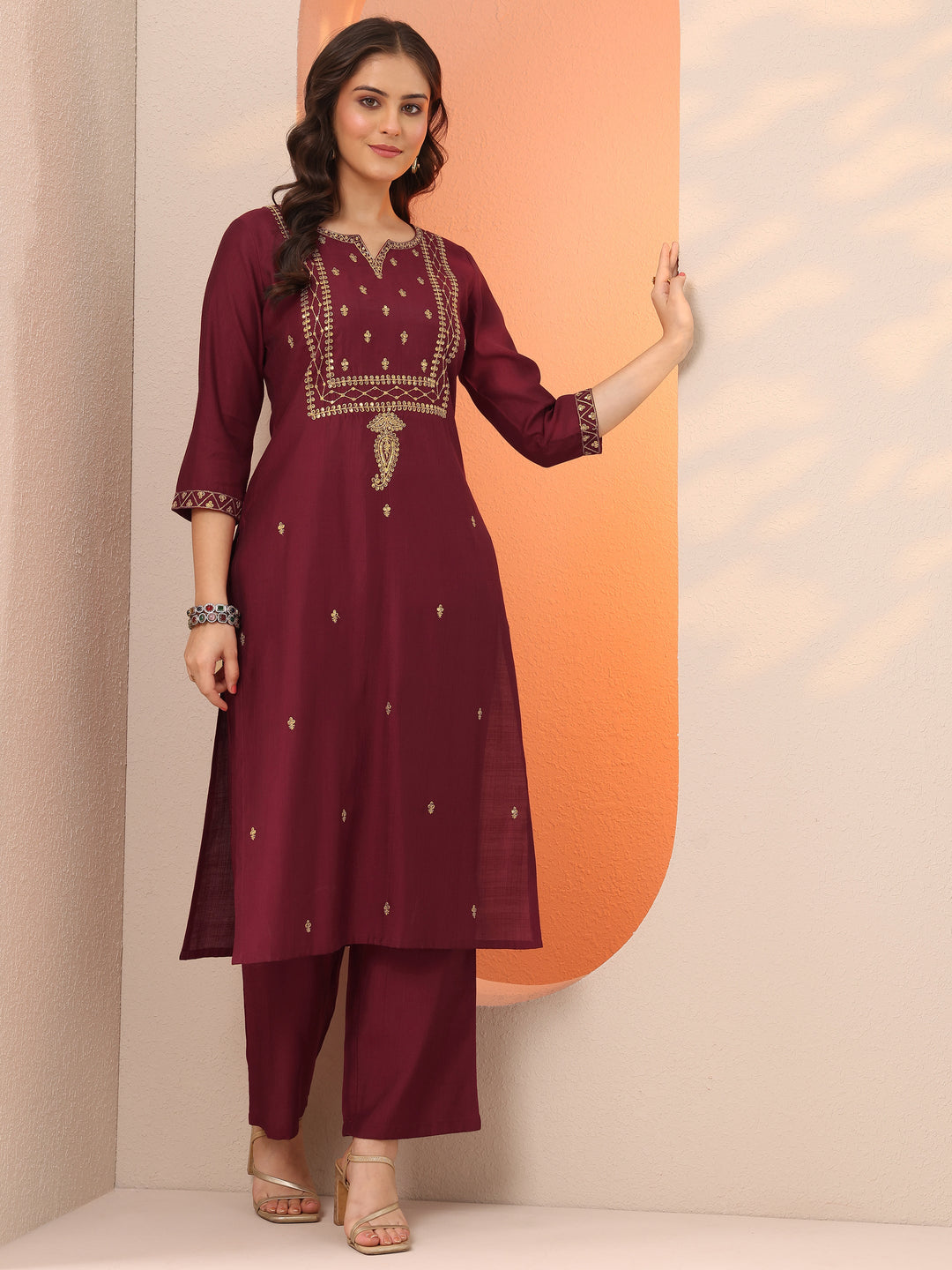 Maroon Embroidered Silk Blend Straight Kurta Set