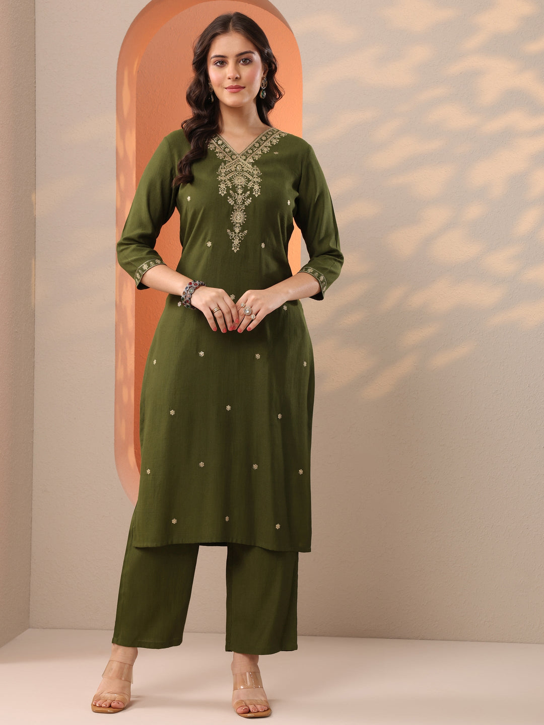 Olive Embroidered Silk Blend Straight Kurta Set