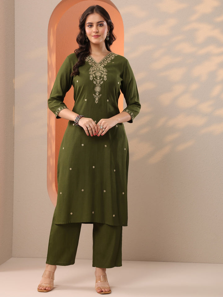 Olive Embroidered Silk Blend Straight Kurta Set