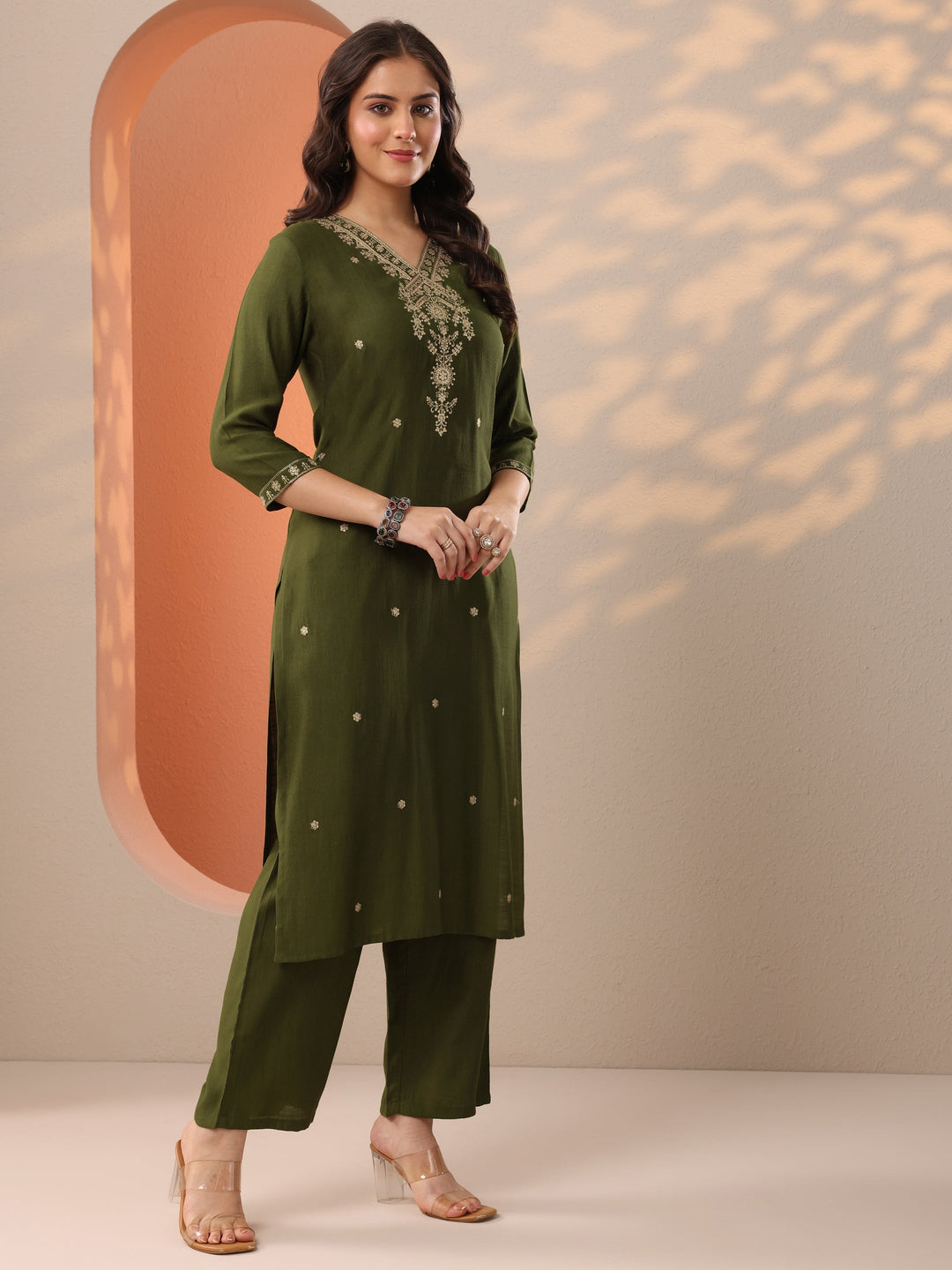 Olive Embroidered Silk Blend Straight Kurta Set