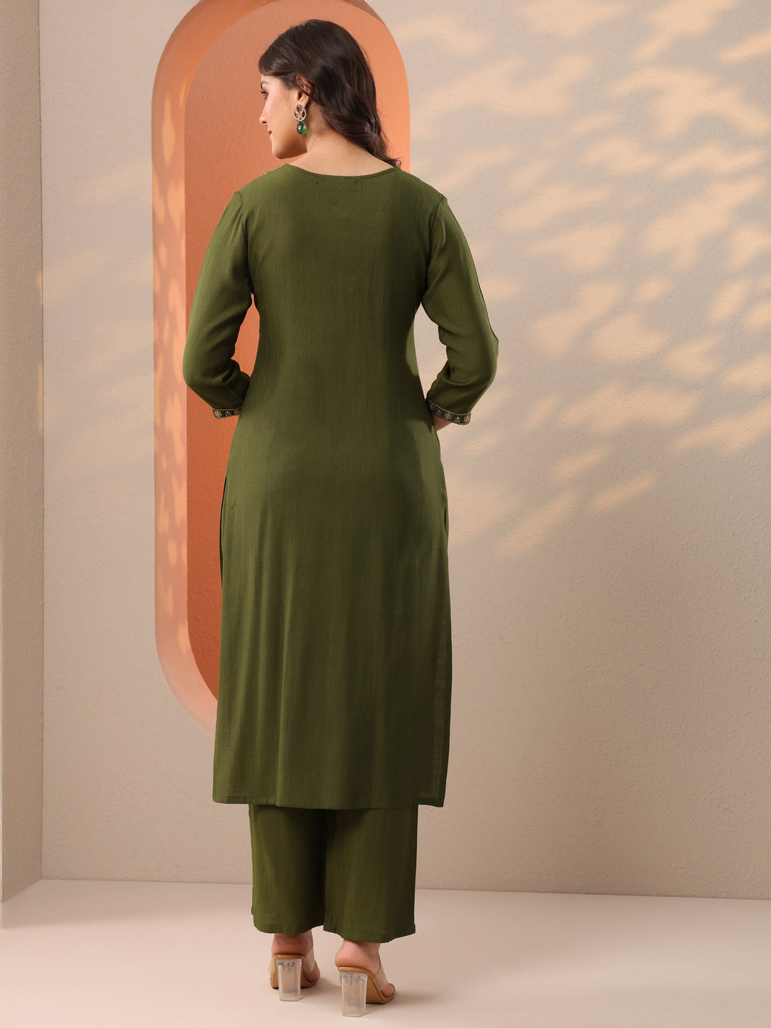 Olive Embroidered Silk Blend Straight Kurta Set