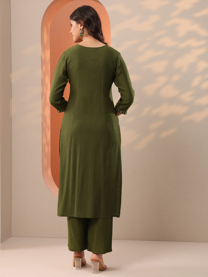 Olive Embroidered Silk Blend Straight Kurta Set