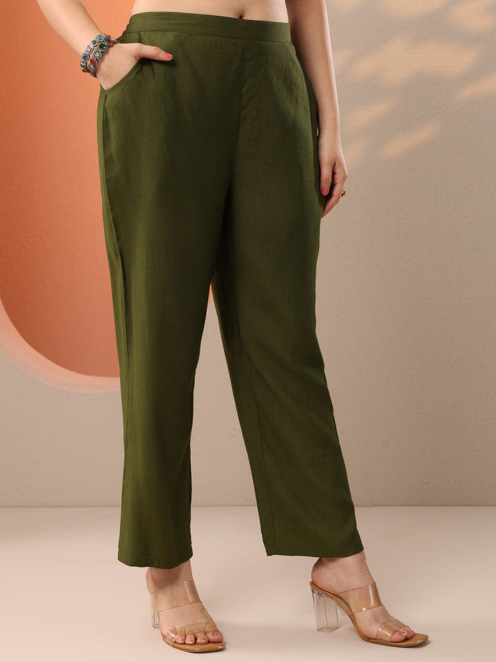 Olive Embroidered Silk Blend Straight Kurta Set