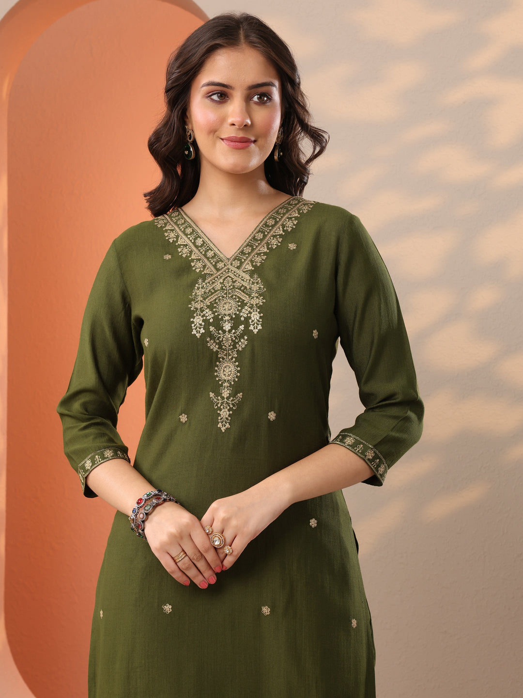 Olive Embroidered Silk Blend Straight Kurta Set