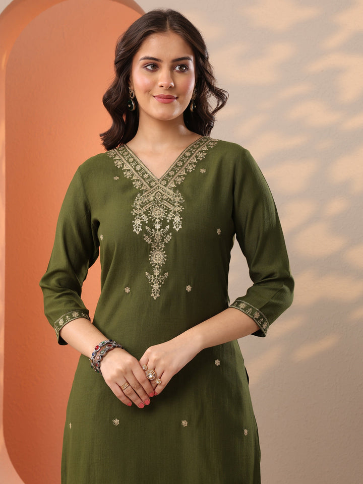 Olive Embroidered Silk Blend Straight Kurta Set