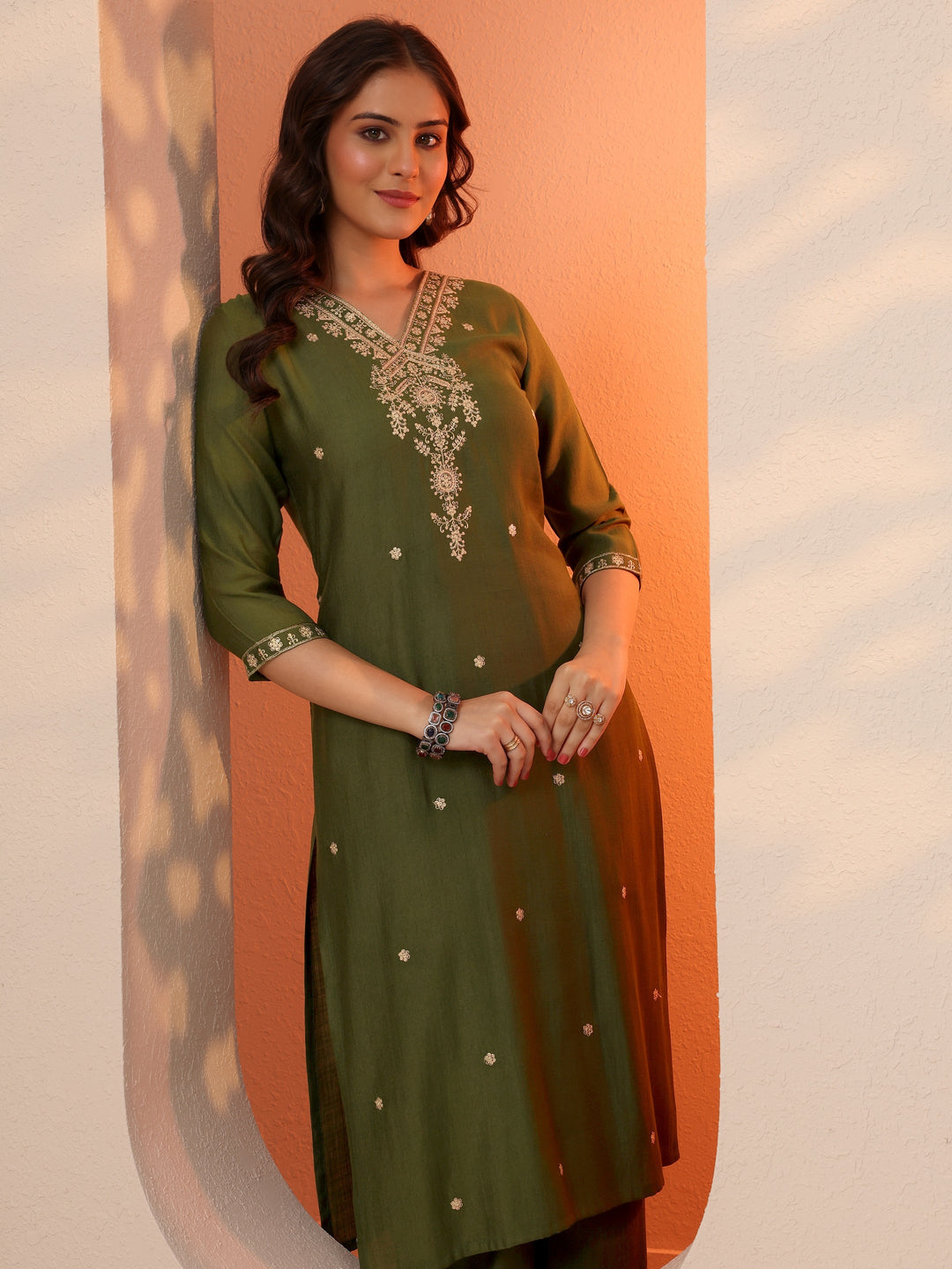 Olive Embroidered Silk Blend Straight Kurta Set