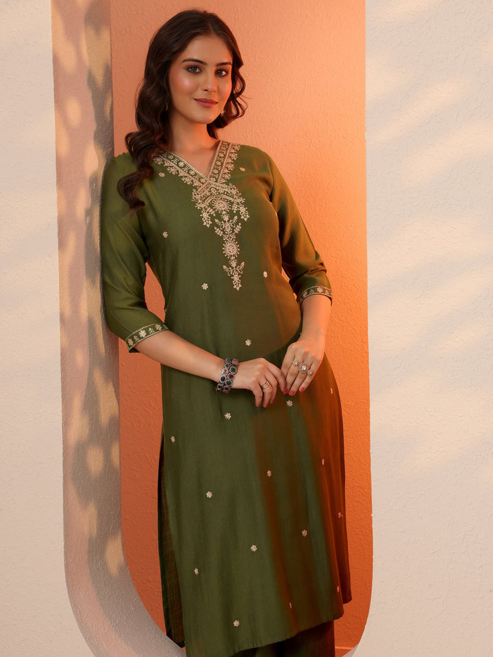 Olive Embroidered Silk Blend Straight Kurta Set