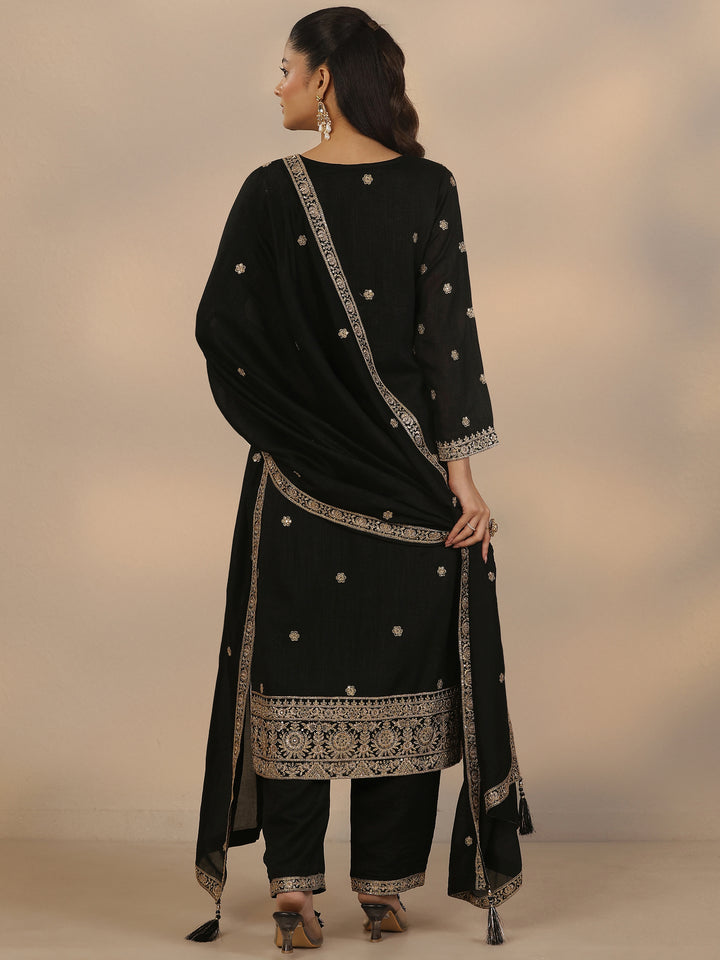 Libas Art Black Embroidered Silk Blend Straight Suit Set With Dupatta