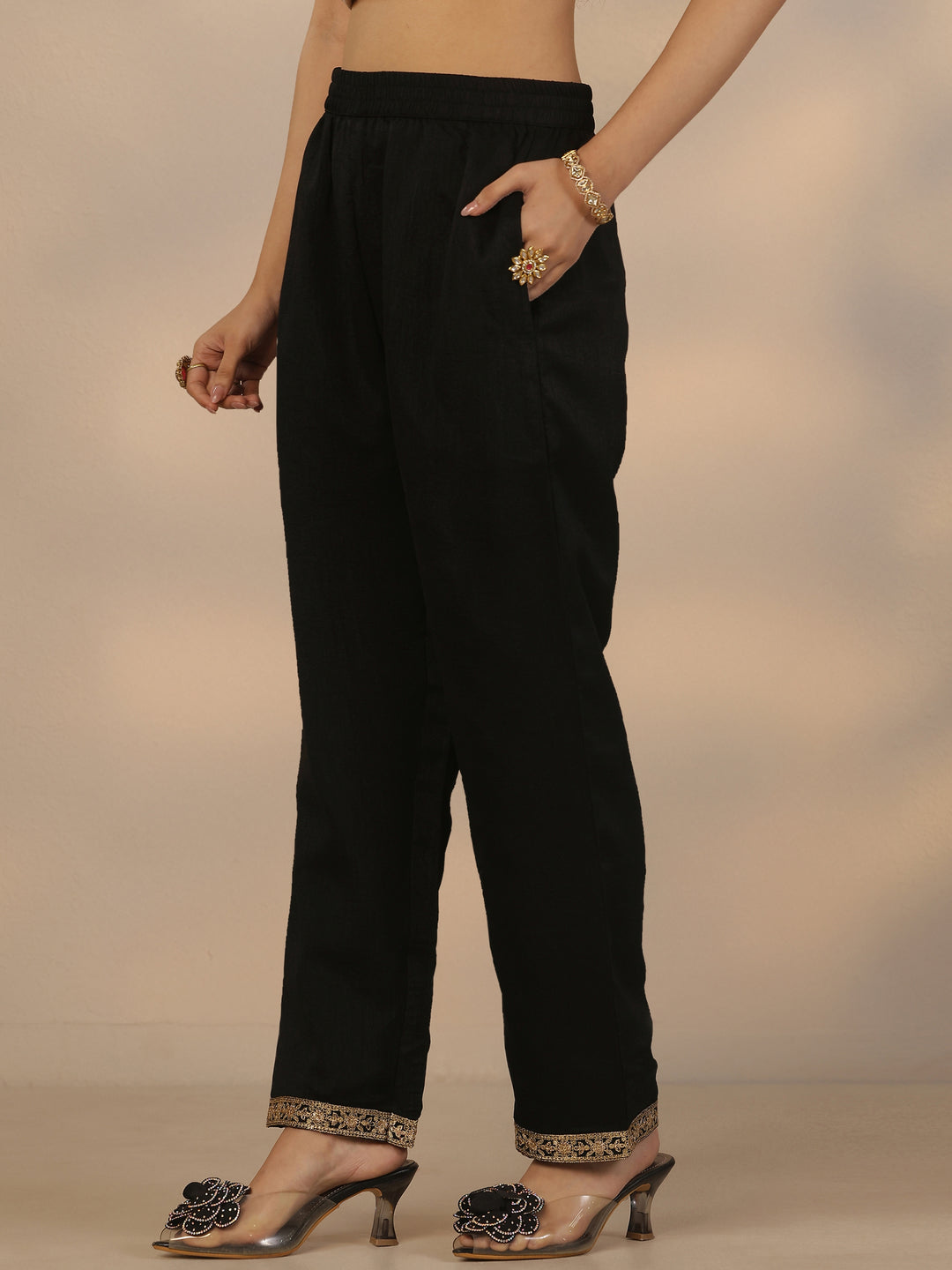 Libas Art Black Embroidered Silk Blend Straight Suit Set With Dupatta