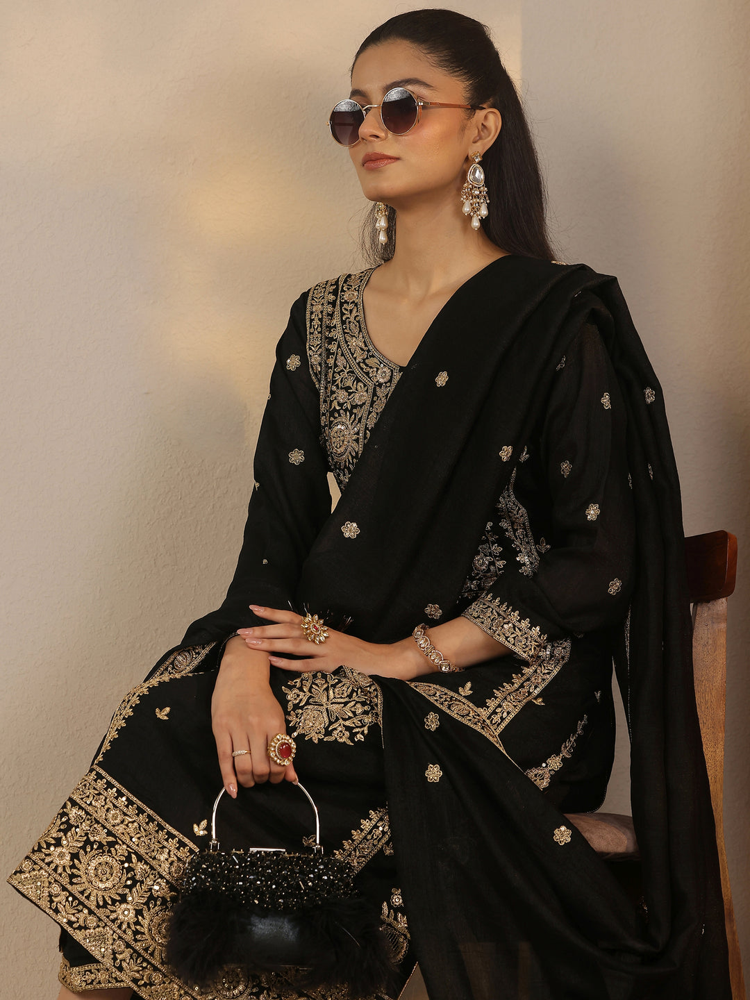 Libas Art Black Embroidered Silk Blend Straight Suit Set With Dupatta