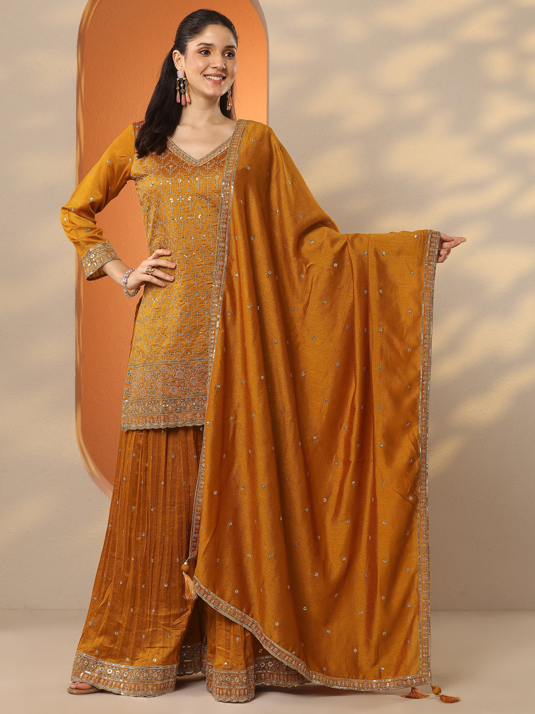Libas Art Mustard Embroidered Silk Blend Straight Suit Set With Dupatta