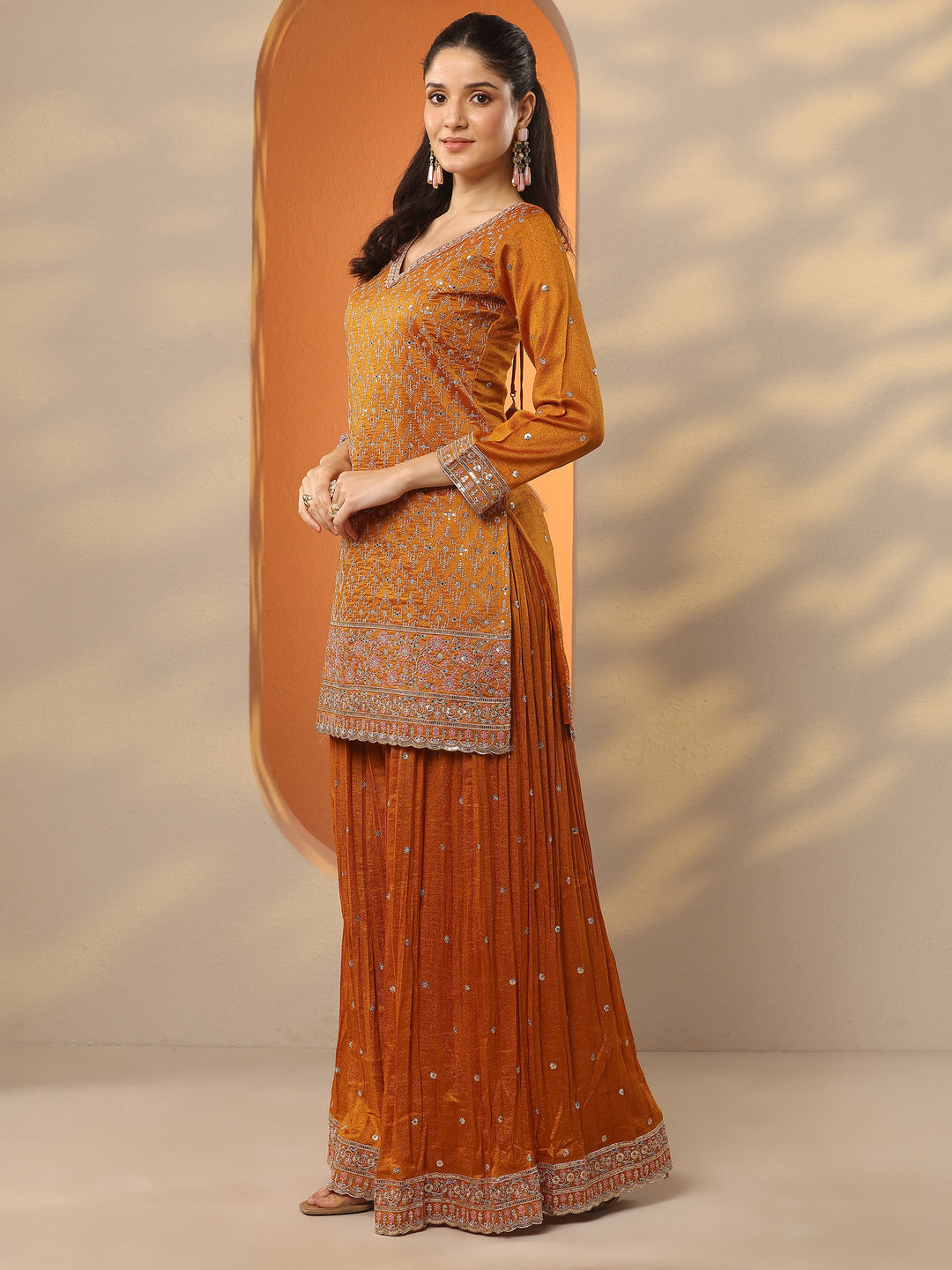 Libas Art Mustard Embroidered Silk Blend Straight Suit Set With Dupatta