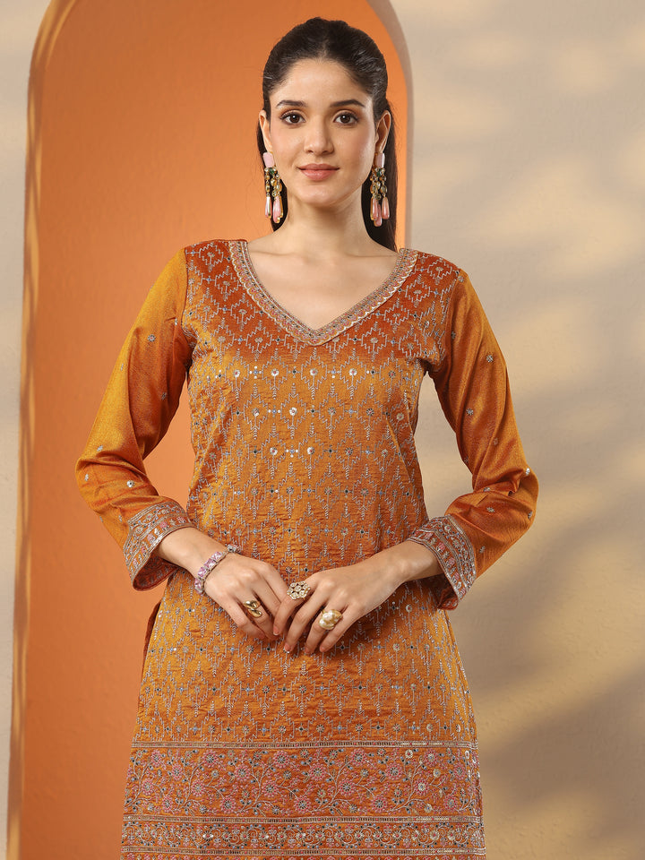 Libas Art Mustard Embroidered Silk Blend Straight Suit Set With Dupatta