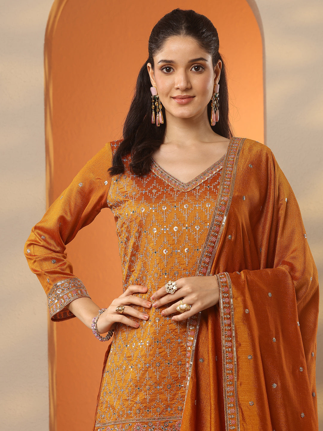 Libas Art Mustard Embroidered Silk Blend Straight Suit Set With Dupatta