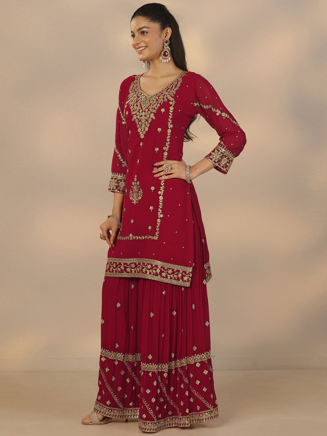 Libas Art Red Embroidered Georgette Straight Suit Set With Dupatta
