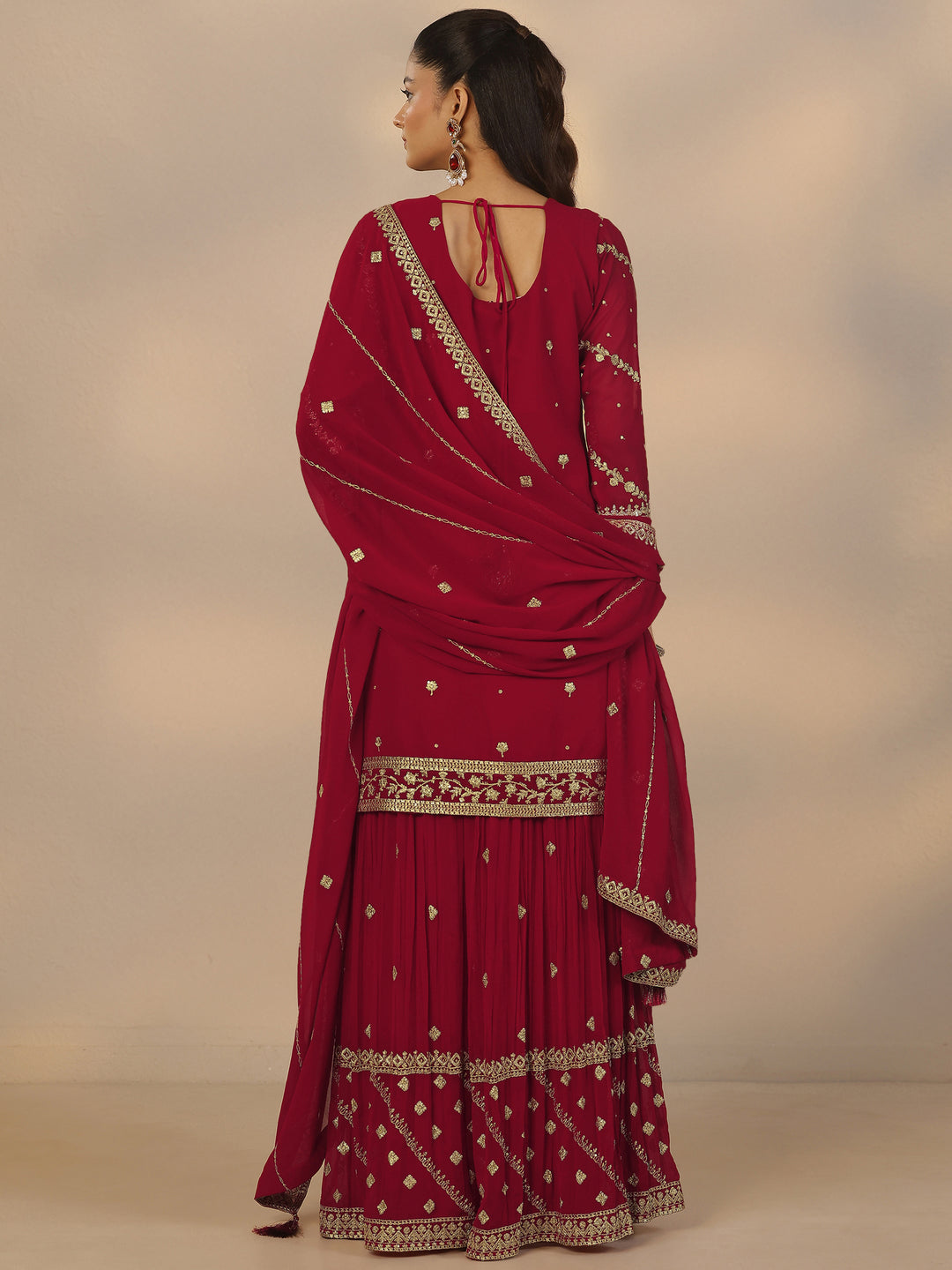 Libas Art Red Embroidered Georgette Straight Suit Set With Dupatta