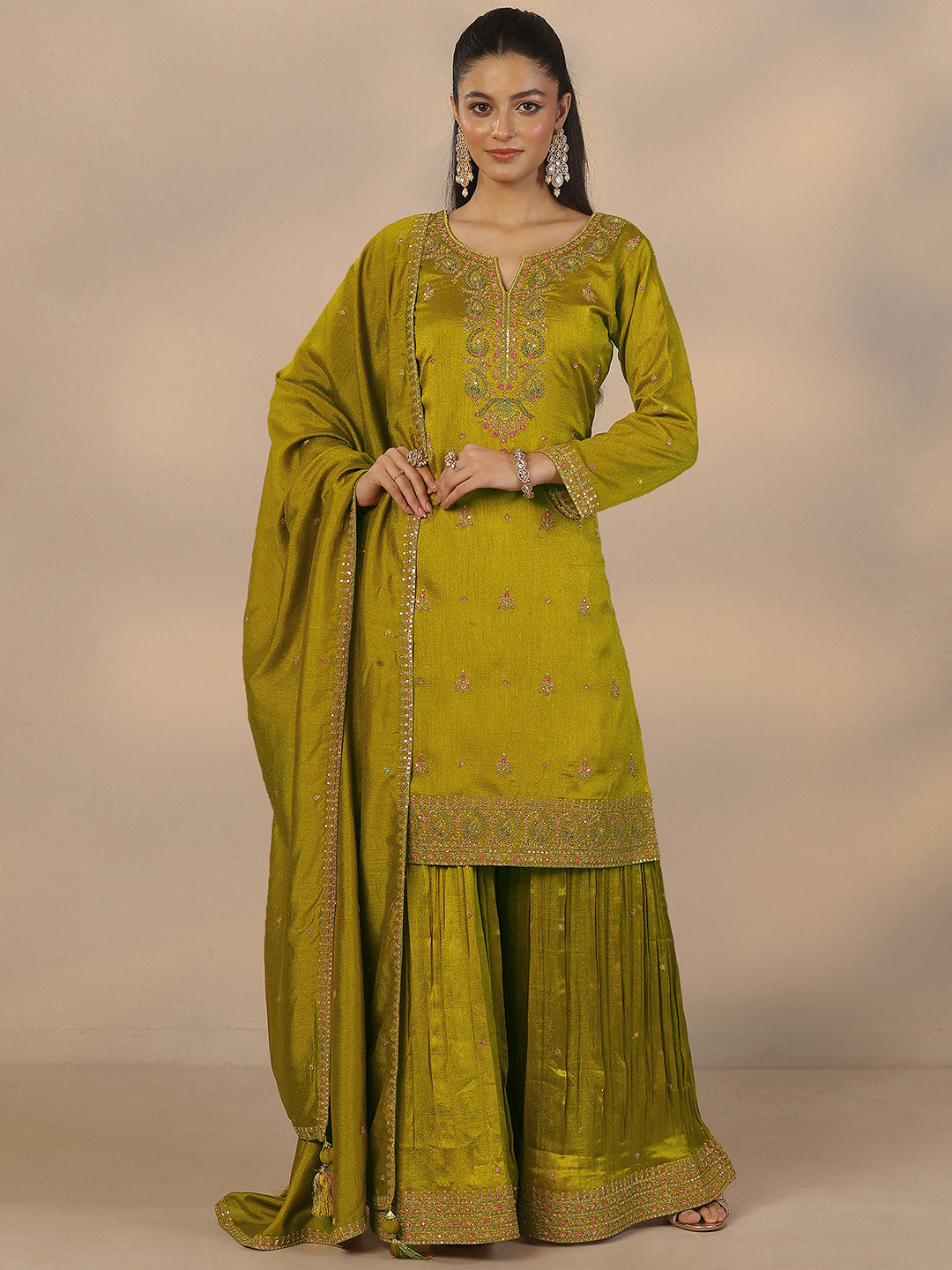 Libas Art Green Embroidered Silk Blend Straight Suit Set With Dupatta