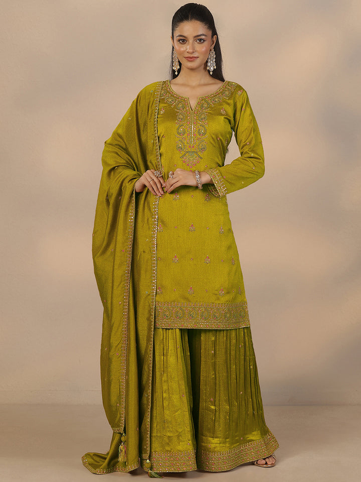 Libas Art Green Embroidered Silk Blend Straight Suit Set With Dupatta
