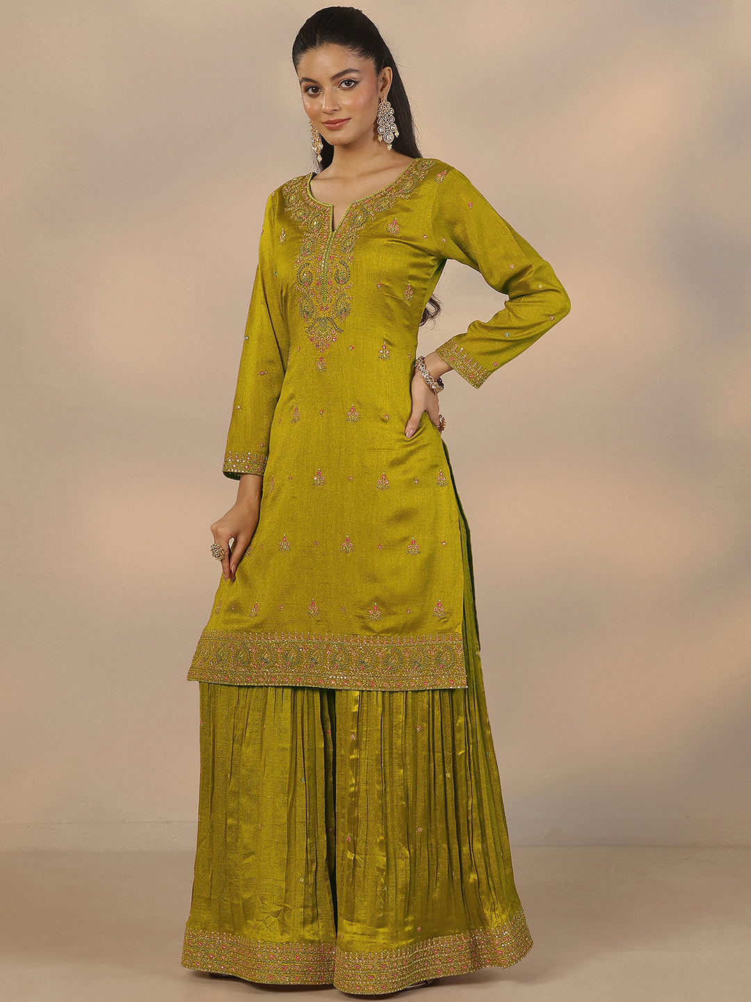 Libas Art Green Embroidered Silk Blend Straight Suit Set With Dupatta