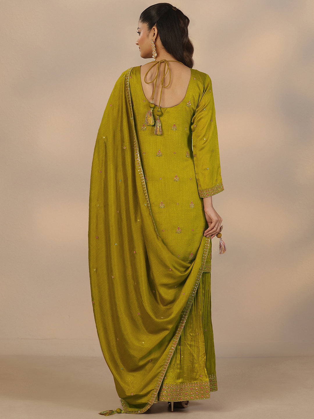 Libas Art Green Embroidered Silk Blend Straight Suit Set With Dupatta