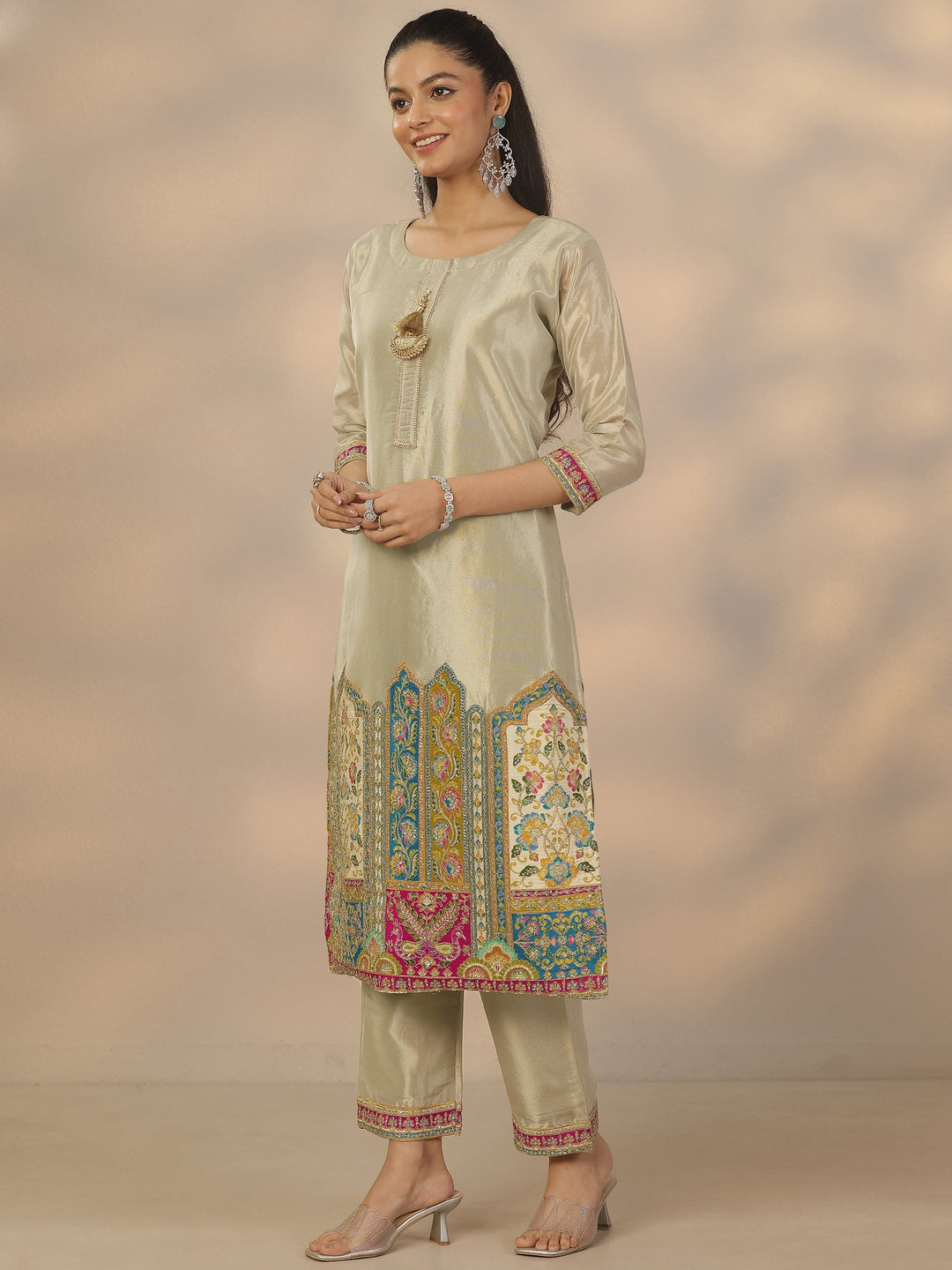 Libas Art Grey Embroidered Organza Straight Suit Set With Dupatta