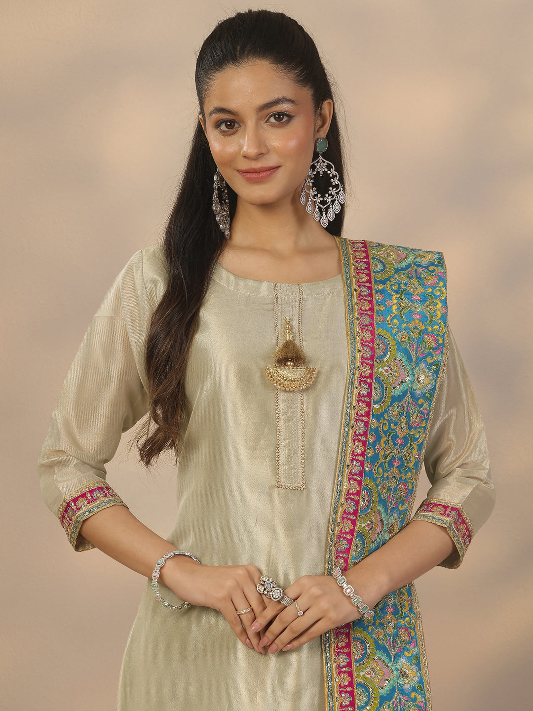 Libas Art Grey Embroidered Organza Straight Suit Set With Dupatta