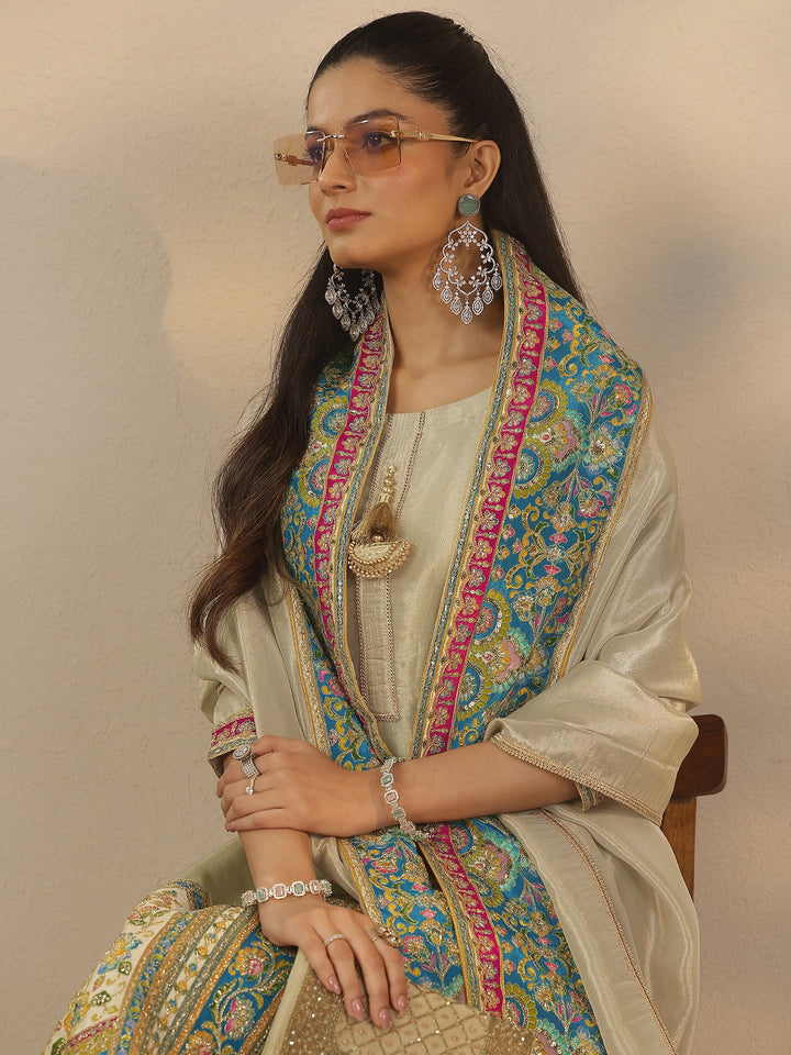 Libas Art Grey Embroidered Organza Straight Suit Set With Dupatta