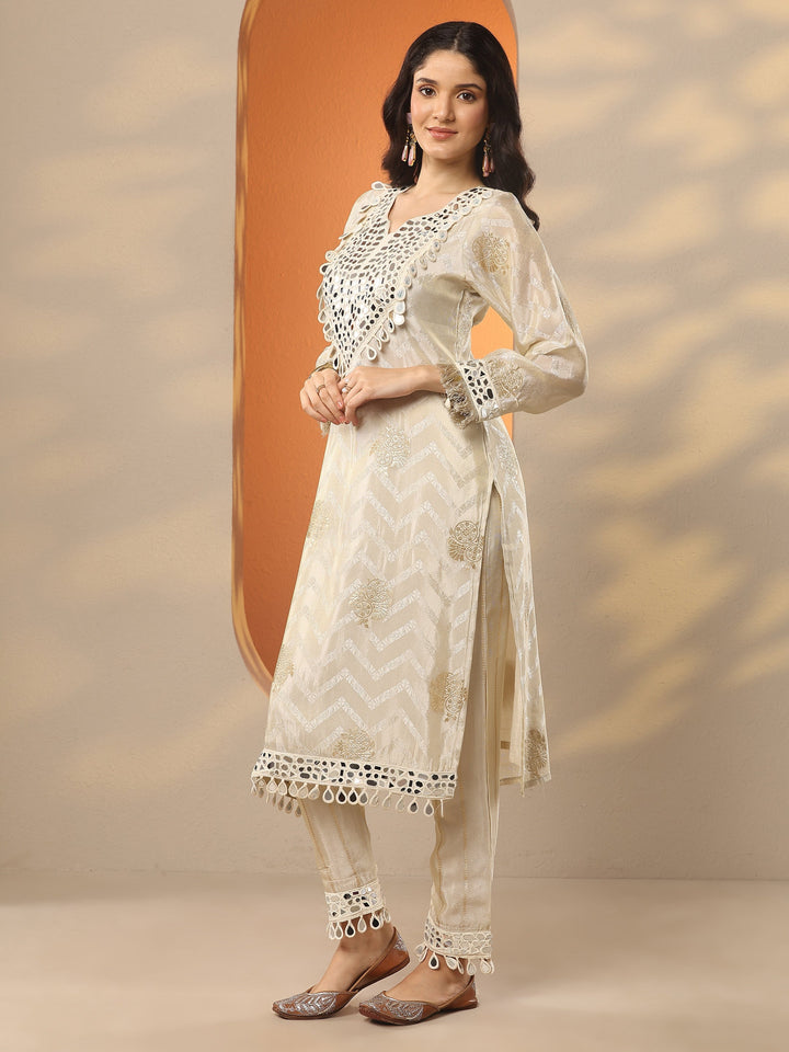 Off White Woven Design Silk Blend Straight Suit Set With Dupatta