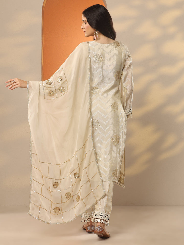 Off White Woven Design Silk Blend Straight Suit Set With Dupatta