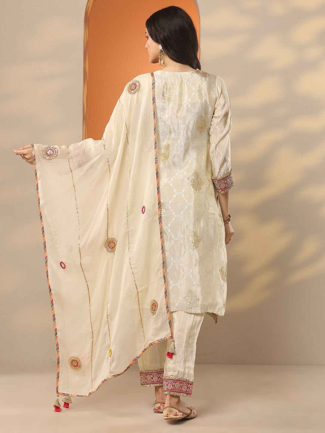 Libas Art Off White Woven Design Silk Blend Straight Suit Set With Dupatta
